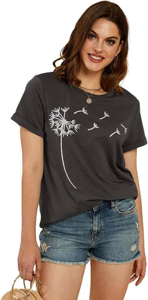Cicy Bell Women's Dandelion Print T Shirts Cute Graphic Tees Short Sleeve Summer Cotton Tee Tops
