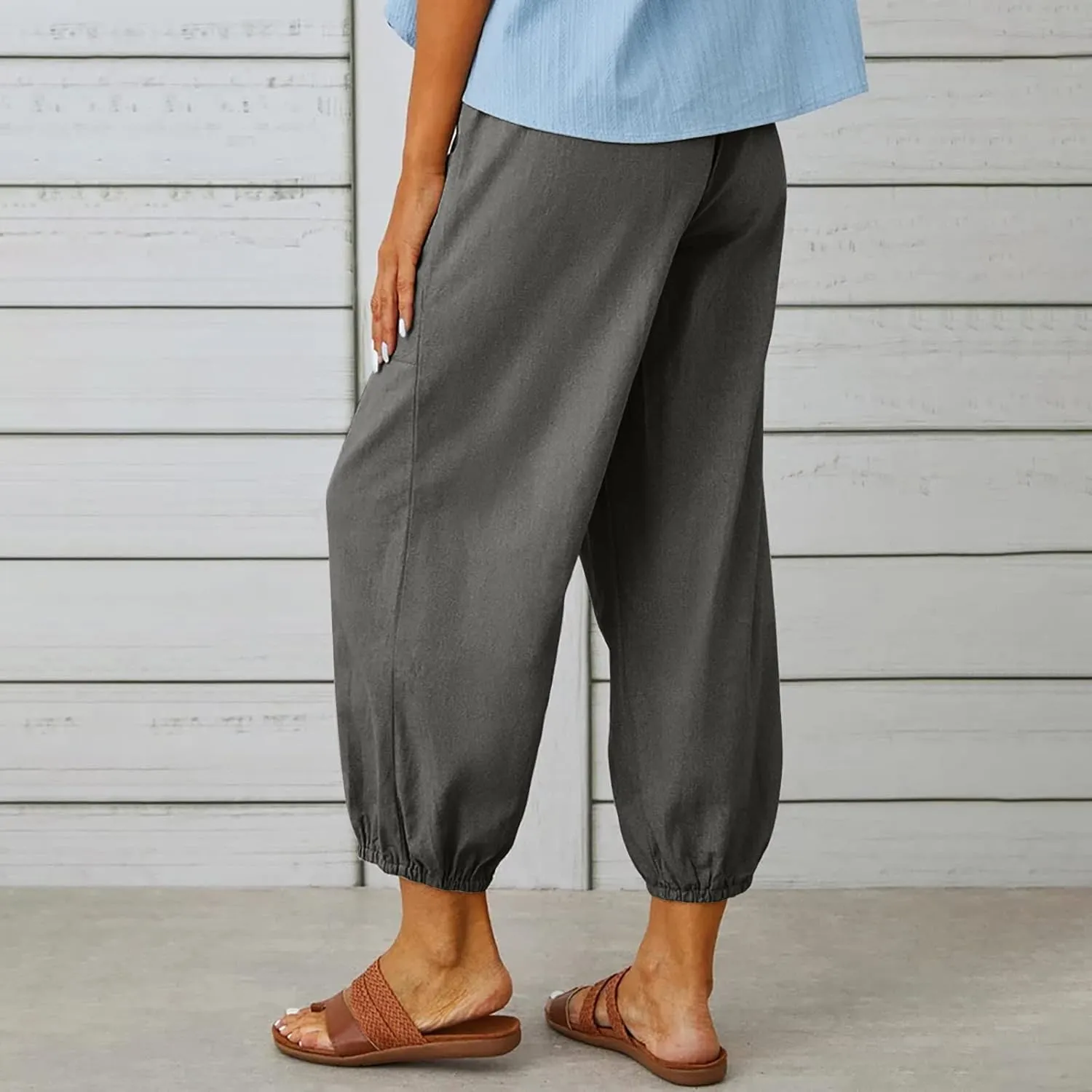 Cinch Bottom Cotton Linen Pants Women Summer Casual Beach Vacation Trousers Solid High Waist Drawstring Lounge Pant