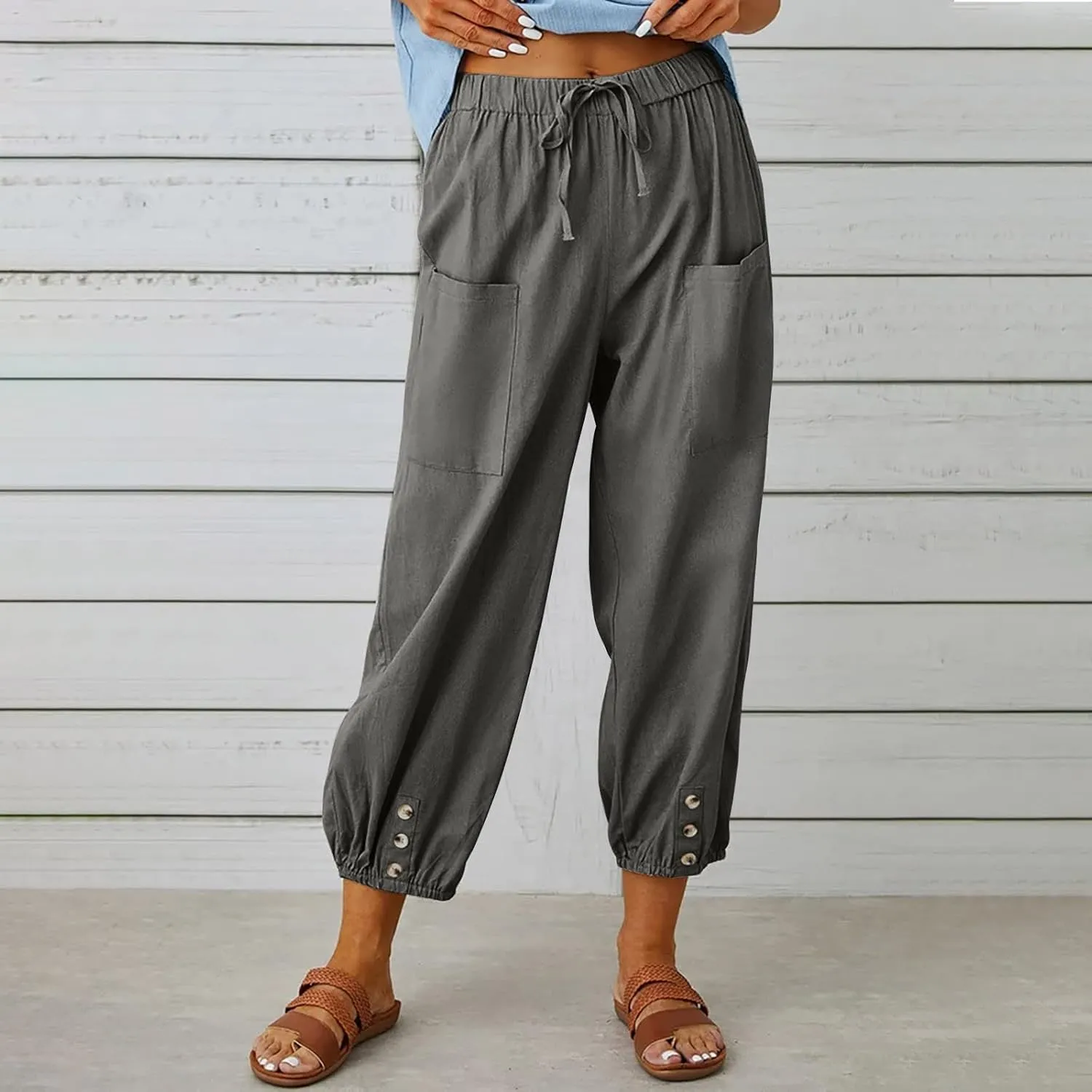 Cinch Bottom Cotton Linen Pants Women Summer Casual Beach Vacation Trousers Solid High Waist Drawstring Lounge Pant