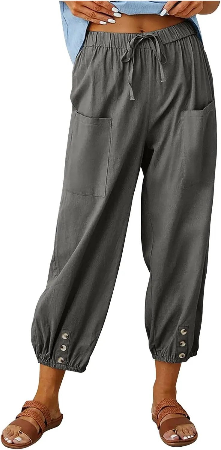 Cinch Bottom Cotton Linen Pants Women Summer Casual Beach Vacation Trousers Solid High Waist Drawstring Lounge Pant