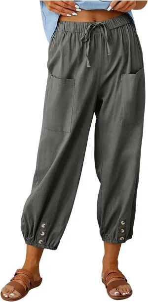 Cinch Bottom Cotton Linen Pants Women Summer Casual Beach Vacation Trousers Solid High Waist Drawstring Lounge Pant