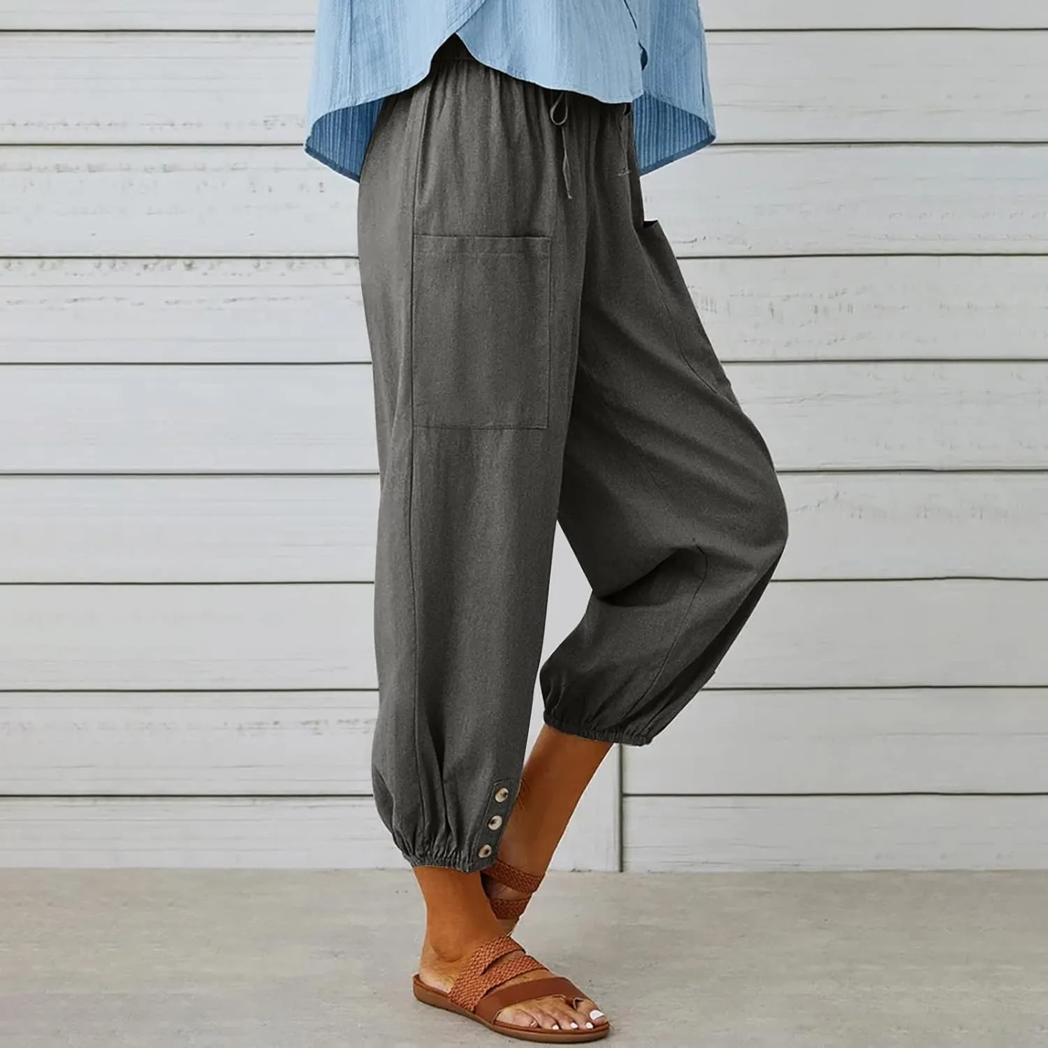 Cinch Bottom Cotton Linen Pants Women Summer Casual Beach Vacation Trousers Solid High Waist Drawstring Lounge Pant