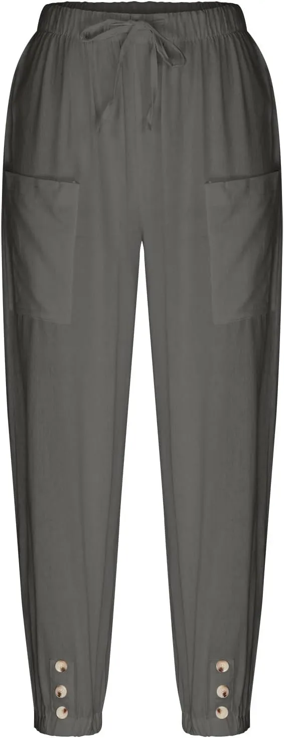 Cinch Bottom Cotton Linen Pants Women Summer Casual Beach Vacation Trousers Solid High Waist Drawstring Lounge Pant