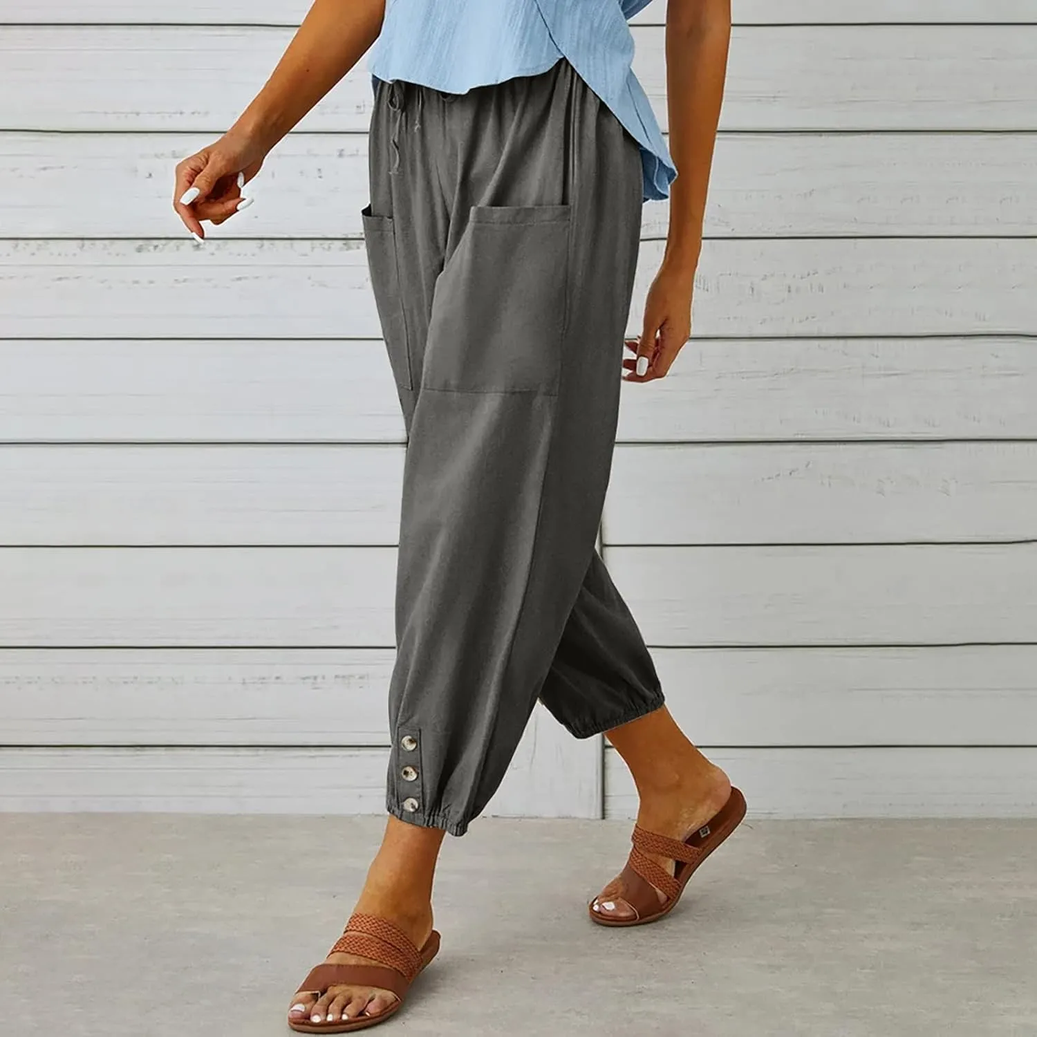 Cinch Bottom Cotton Linen Pants Women Summer Casual Beach Vacation Trousers Solid High Waist Drawstring Lounge Pant