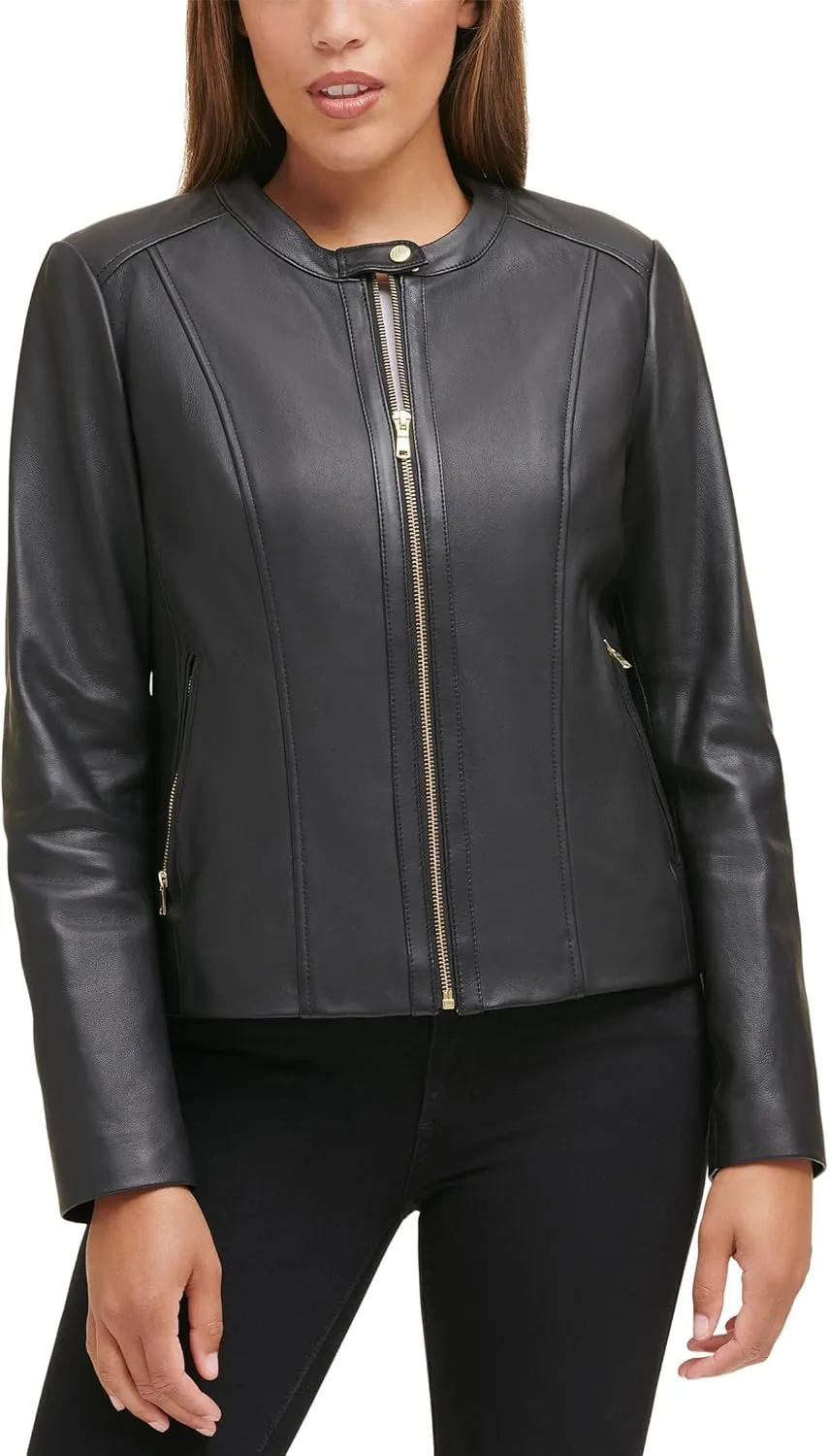 Cole Haan Women's Zip Front Fully Lined Leather Coat