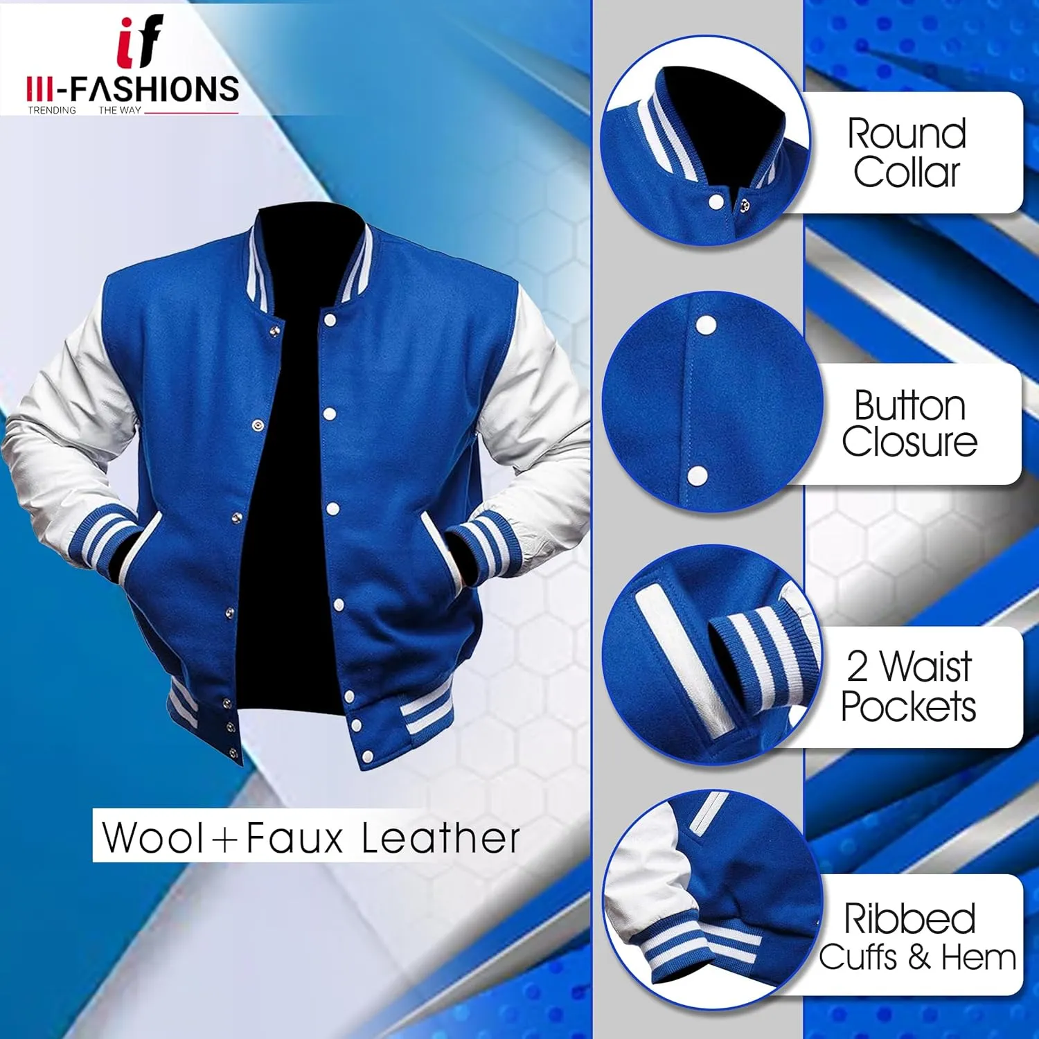 College Letterman Style Varsity Jacket  Mens/Womens High School Baseball Coat Wool   Faux Leather Sleeves