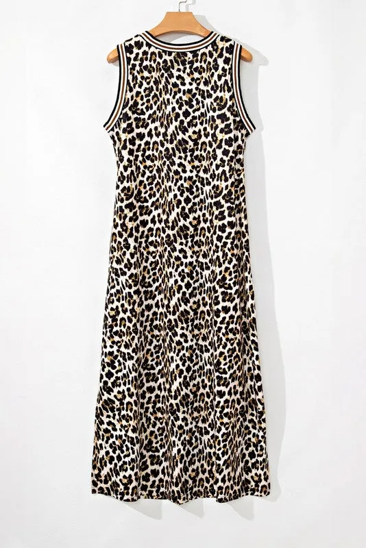 Contrast Stripe Trim Leopard Sleeveless long Dress