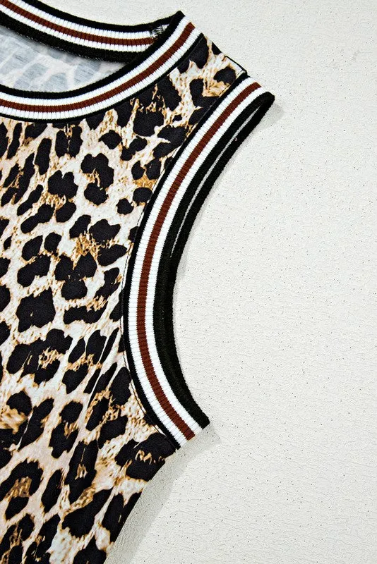 Contrast Stripe Trim Leopard Sleeveless long Dress