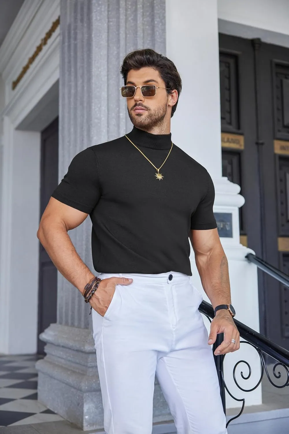COOFANDY Mens Mock Turtleneck Sweater Short Sleeve Casual Dress Sweater Slim Fit Pullover Basic Knit Tee