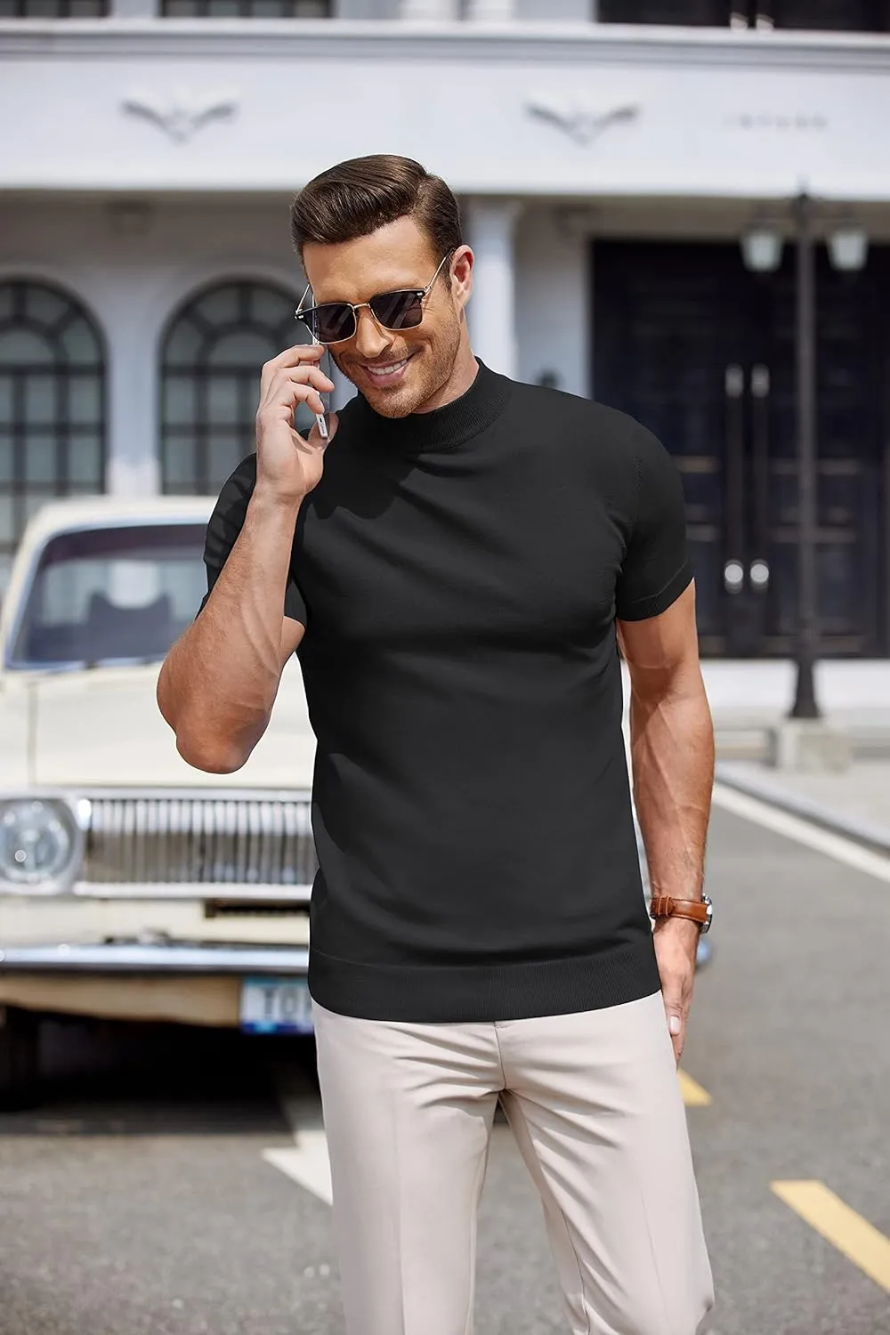 COOFANDY Mens Mock Turtleneck Sweater Short Sleeve Casual Dress Sweater Slim Fit Pullover Basic Knit Tee
