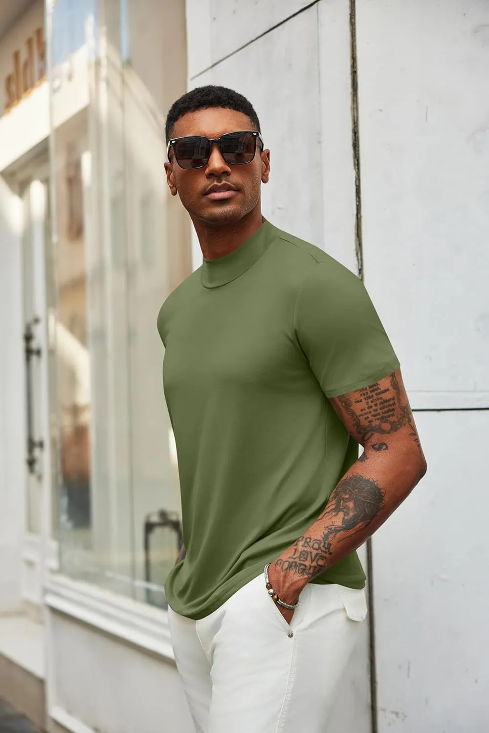 COOFANDY Men's Mock Turtleneck T Shirt Short Sleeve Slim Fit Basic Casual Undershirt Solid Color Pullover Tee