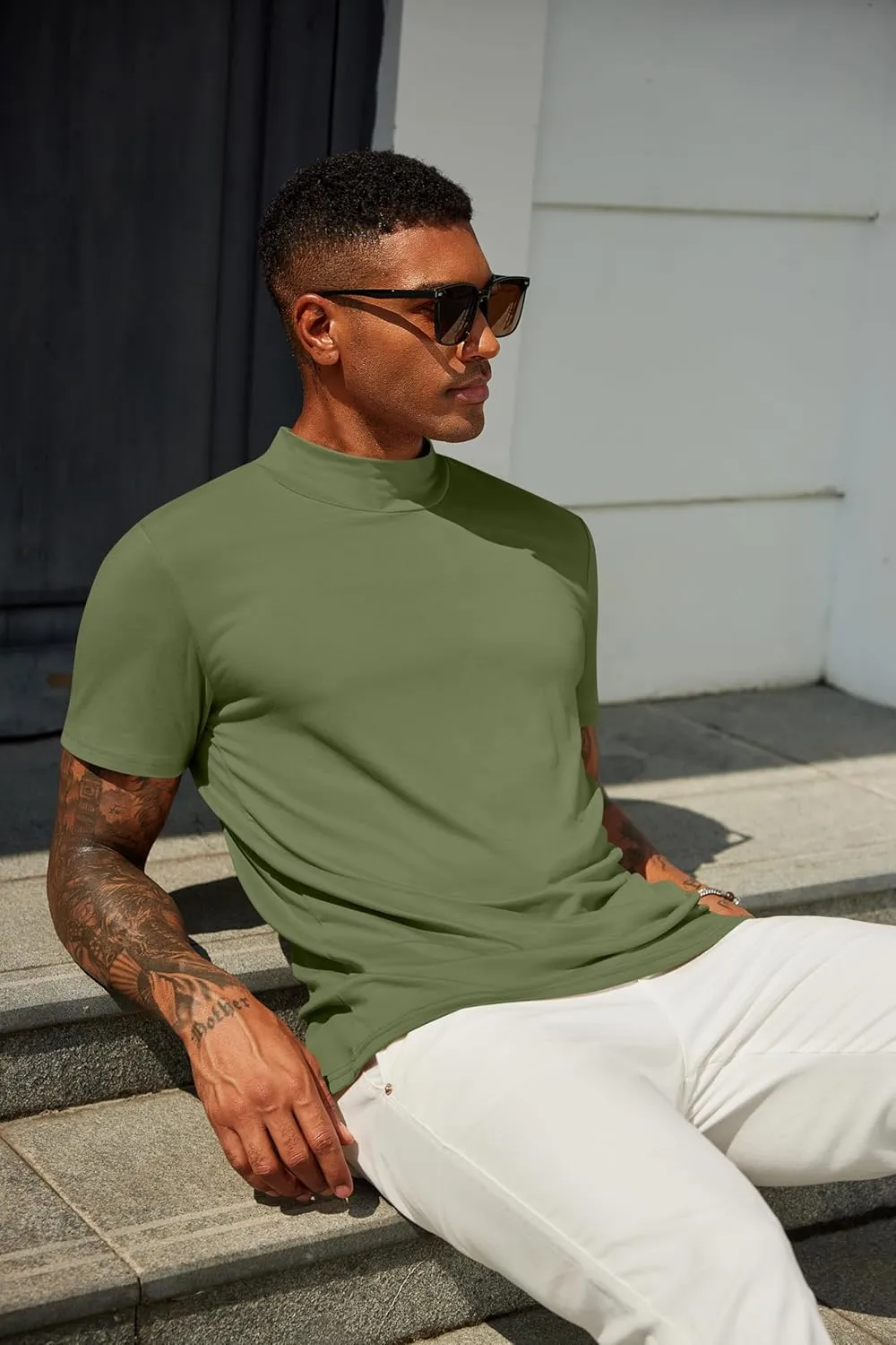 COOFANDY Men's Mock Turtleneck T Shirt Short Sleeve Slim Fit Basic Casual Undershirt Solid Color Pullover Tee