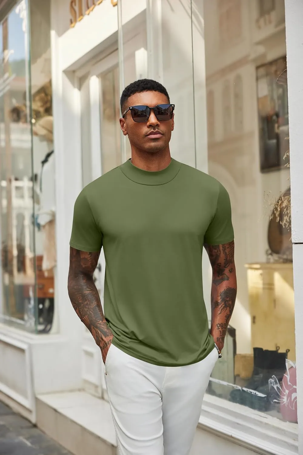 COOFANDY Men's Mock Turtleneck T Shirt Short Sleeve Slim Fit Basic Casual Undershirt Solid Color Pullover Tee