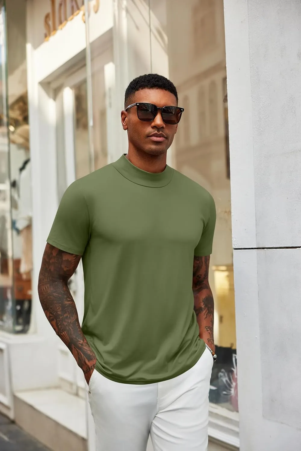 COOFANDY Men's Mock Turtleneck T Shirt Short Sleeve Slim Fit Basic Casual Undershirt Solid Color Pullover Tee