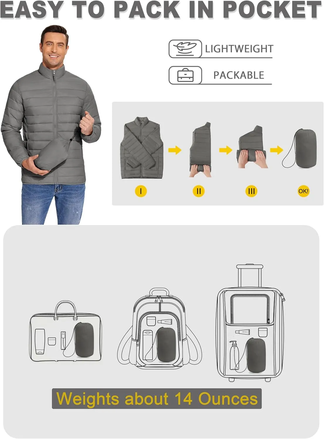COOFANDY Mens Puffer Jacket Packable Lightweight Jackets Winter Coat Windproof Zipper Down Jacket