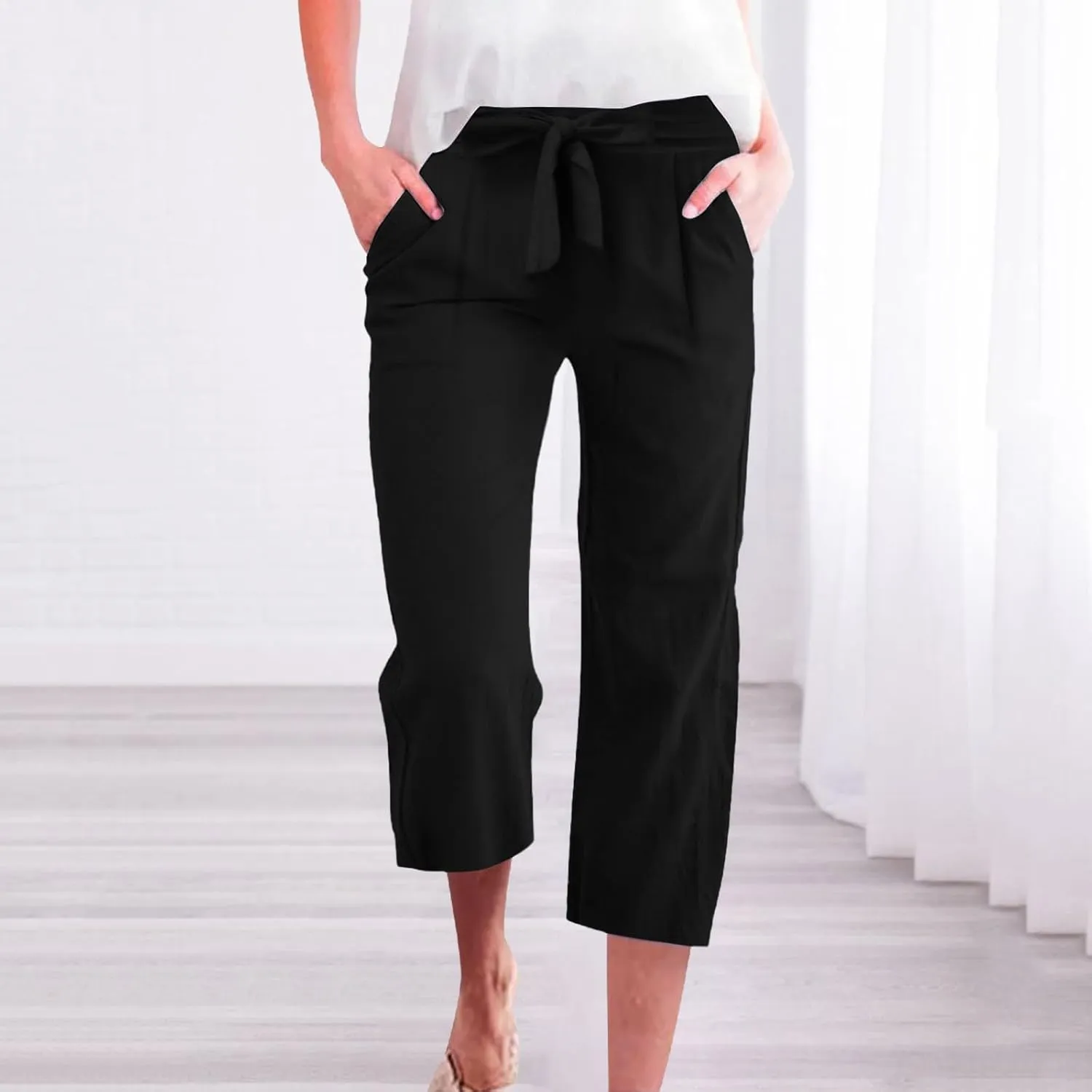 Cotton Linen Capri Pants for Women High Elastic Waisted Drawstring Cropped Wide Leg Linen Palazzo Trouser with Pocket