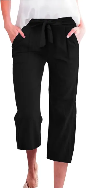 Cotton Linen Capri Pants for Women High Elastic Waisted Drawstring Cropped Wide Leg Linen Palazzo Trouser with Pocket