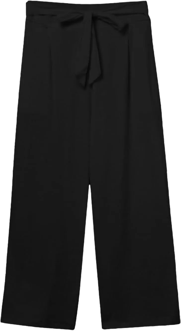Cotton Linen Capri Pants for Women High Elastic Waisted Drawstring Cropped Wide Leg Linen Palazzo Trouser with Pocket