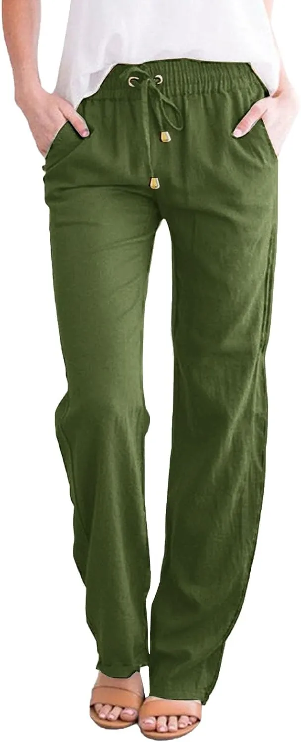 Cotton Linen Pants for Women 2025 Straight Leg Drawstring Long Trouser Loose High Waist Beach Pant with Pockets