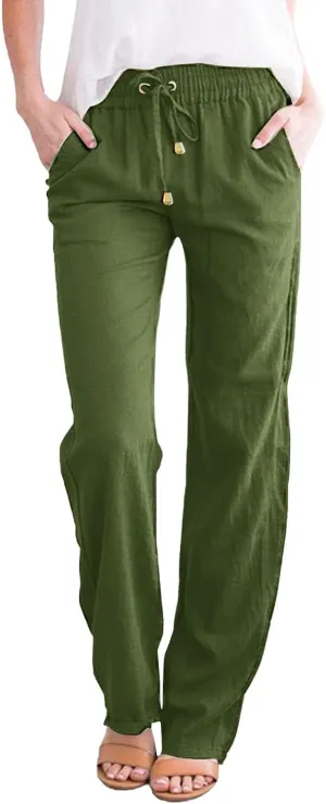 Cotton Linen Pants for Women 2025 Straight Leg Drawstring Long Trouser Loose High Waist Beach Pant with Pockets