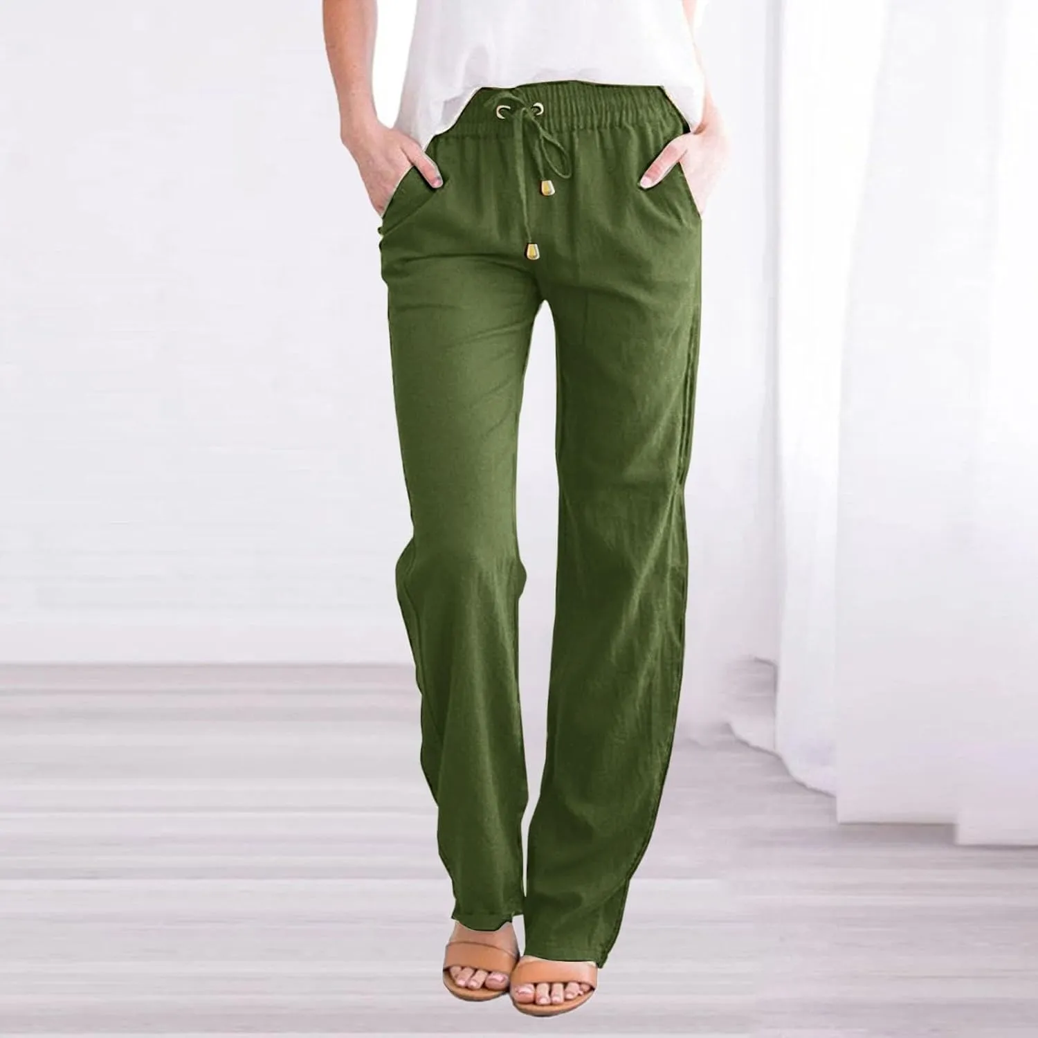 Cotton Linen Pants for Women 2025 Straight Leg Drawstring Long Trouser Loose High Waist Beach Pant with Pockets