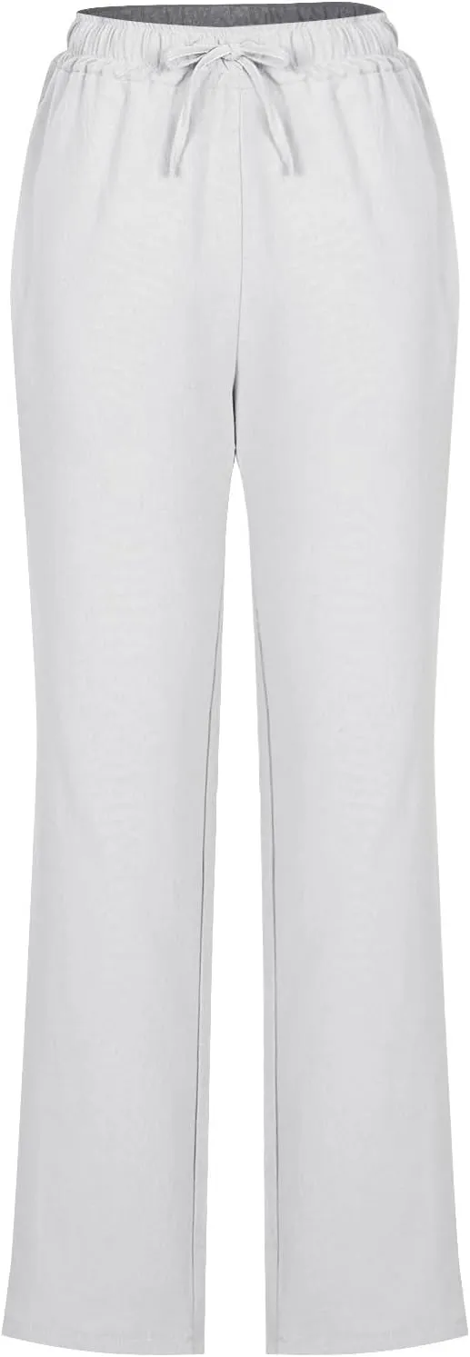 Cotton Linen Pants for Women Casual Summer Wide Leg Pants Drawstring High Waist Straight Leg Trousers with Pockets