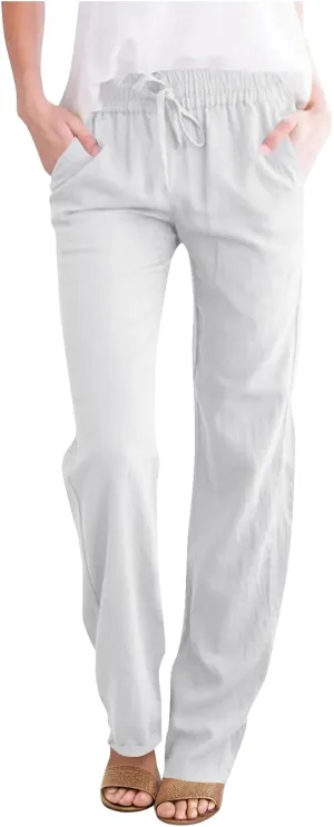 Cotton Linen Pants for Women Casual Summer Wide Leg Pants Drawstring High Waist Straight Leg Trousers with Pockets