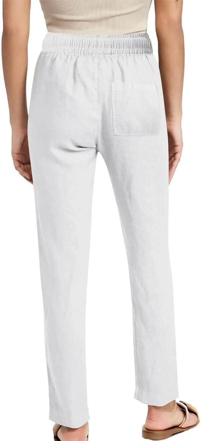 Cotton Linen Pants for Women Casual Summer Wide Leg Pants Drawstring High Waist Straight Leg Trousers with Pockets