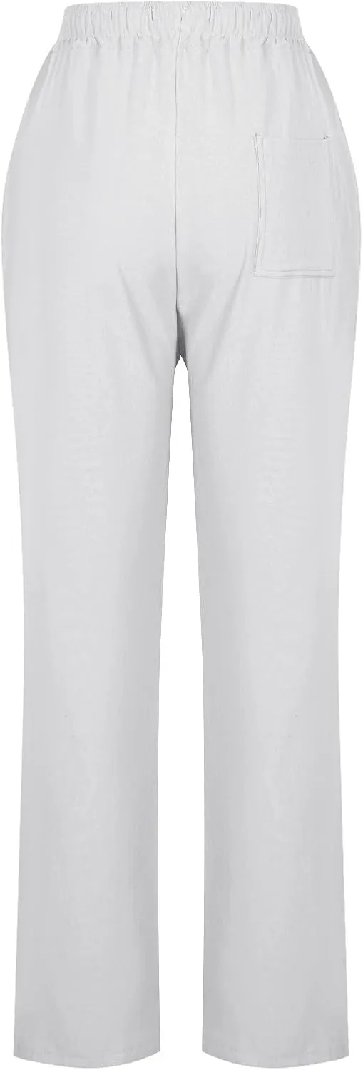Cotton Linen Pants for Women Casual Summer Wide Leg Pants Drawstring High Waist Straight Leg Trousers with Pockets