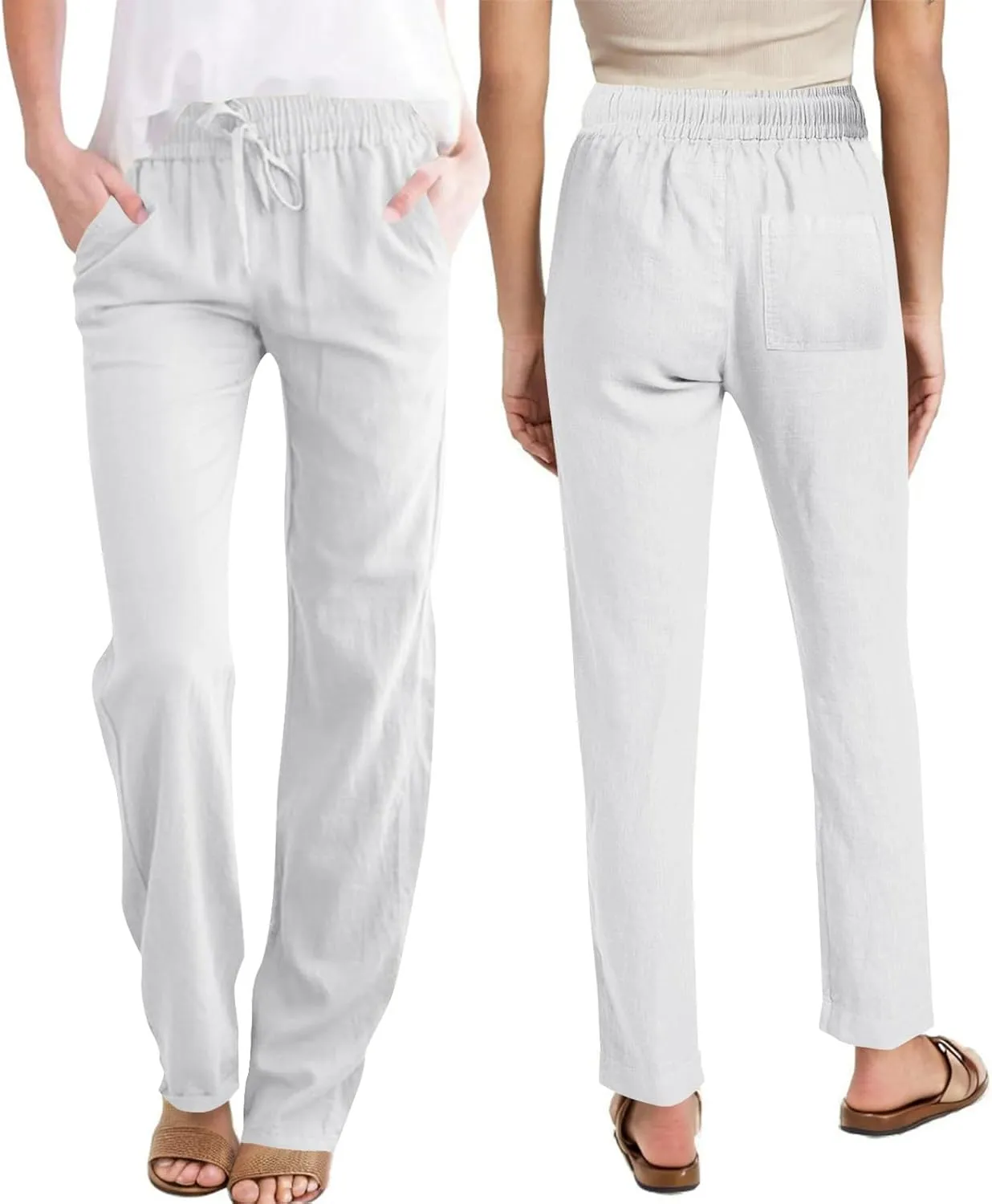 Cotton Linen Pants for Women Casual Summer Wide Leg Pants Drawstring High Waist Straight Leg Trousers with Pockets