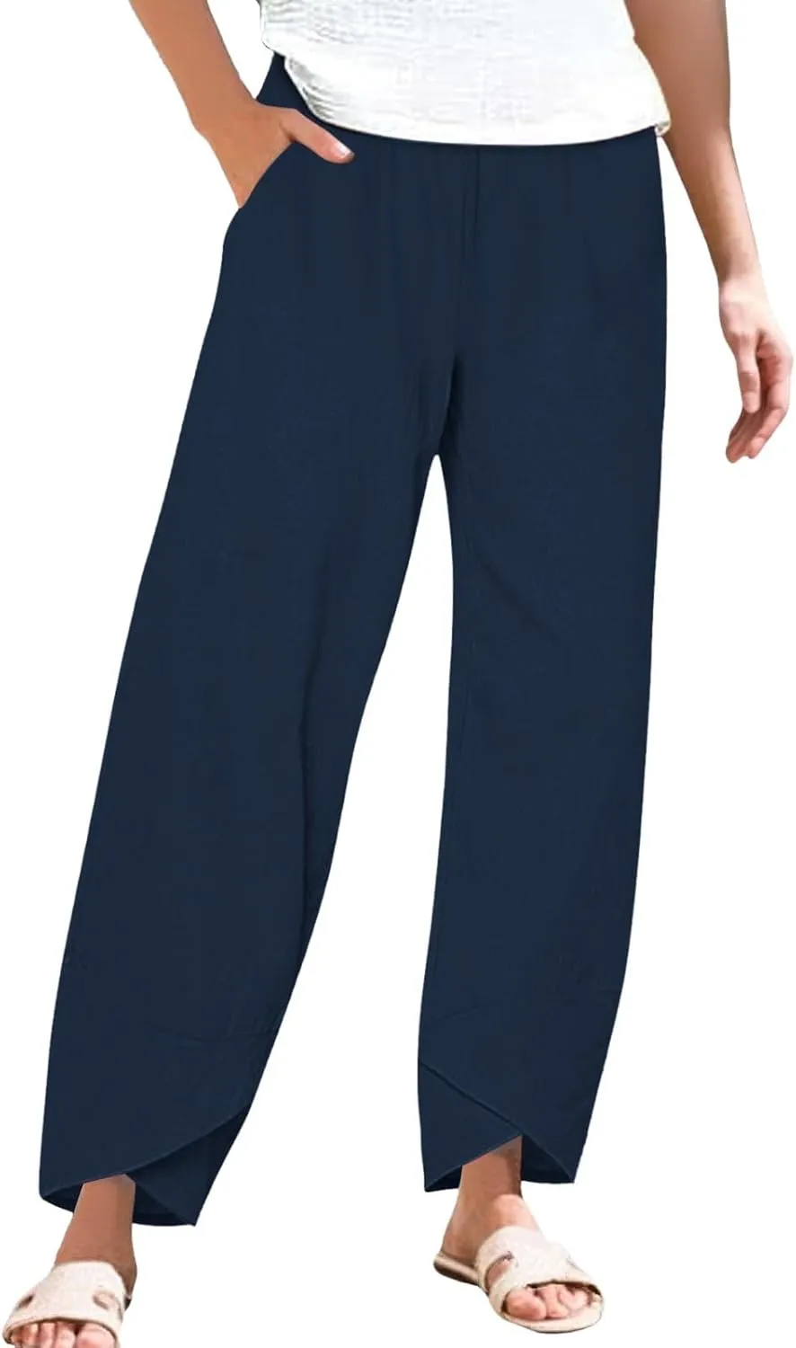 Cotton Linen Pants for Women Summer Plus Size Boho Pants Lightweight Hight Waist Vacation Beach Trousers with Pockets