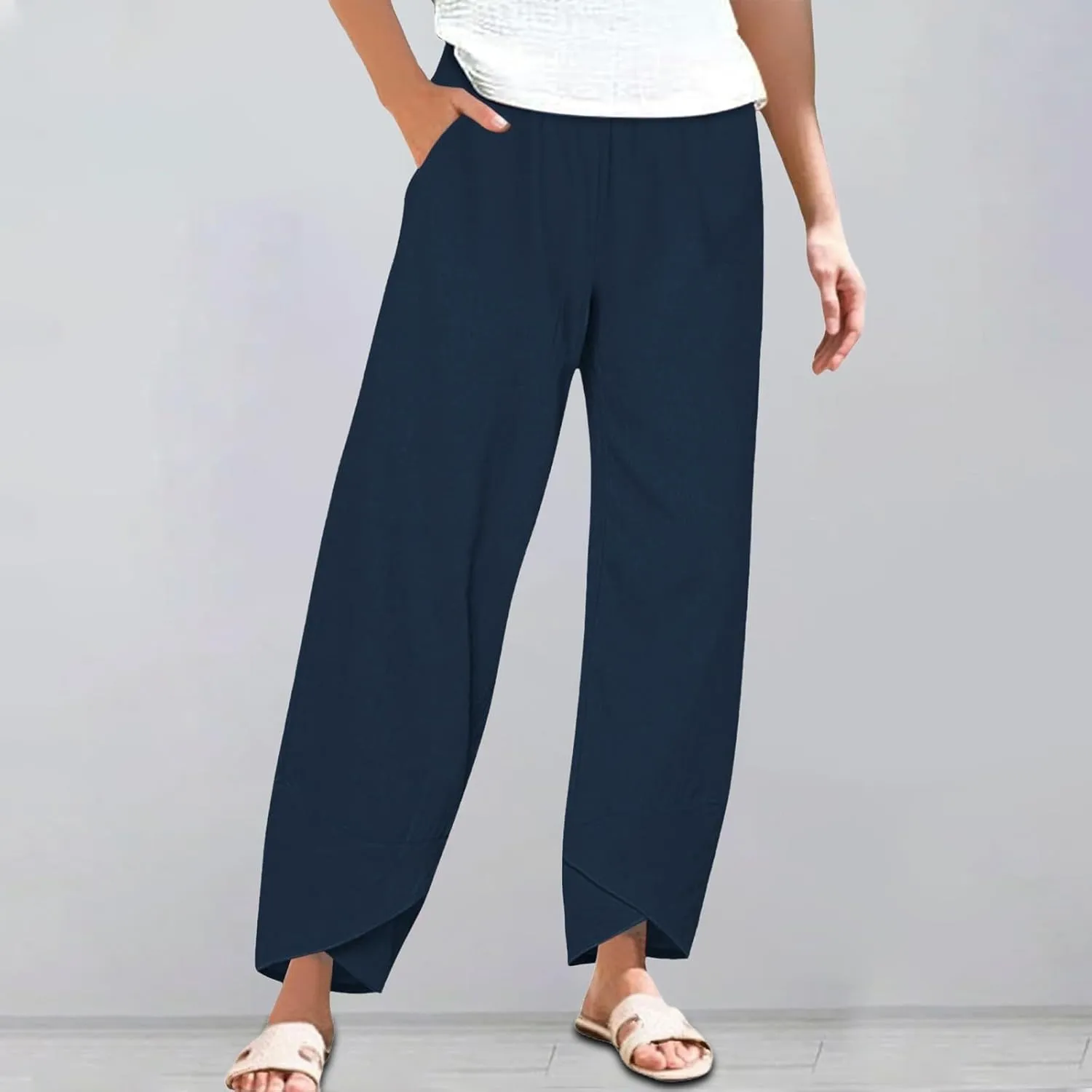 Cotton Linen Pants for Women Summer Plus Size Boho Pants Lightweight Hight Waist Vacation Beach Trousers with Pockets