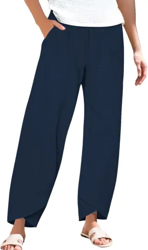 Cotton Linen Pants for Women Summer Plus Size Boho Pants Lightweight Hight Waist Vacation Beach Trousers with Pockets