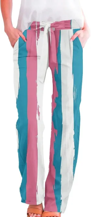 Cotton Linen Pants for Women Wide Leg Elastic Waist Capri Pant Casual Loose Palazzo Cropped Trousers with Pockets