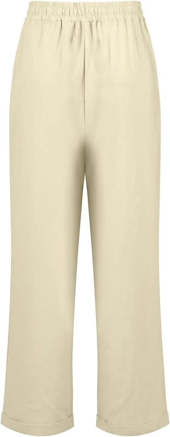 Cotton Linen Pants Women Summer Casual High Waisted Straight Leg Beach Pants Loose Fit Comfy Vacation Trousers w/Pockets