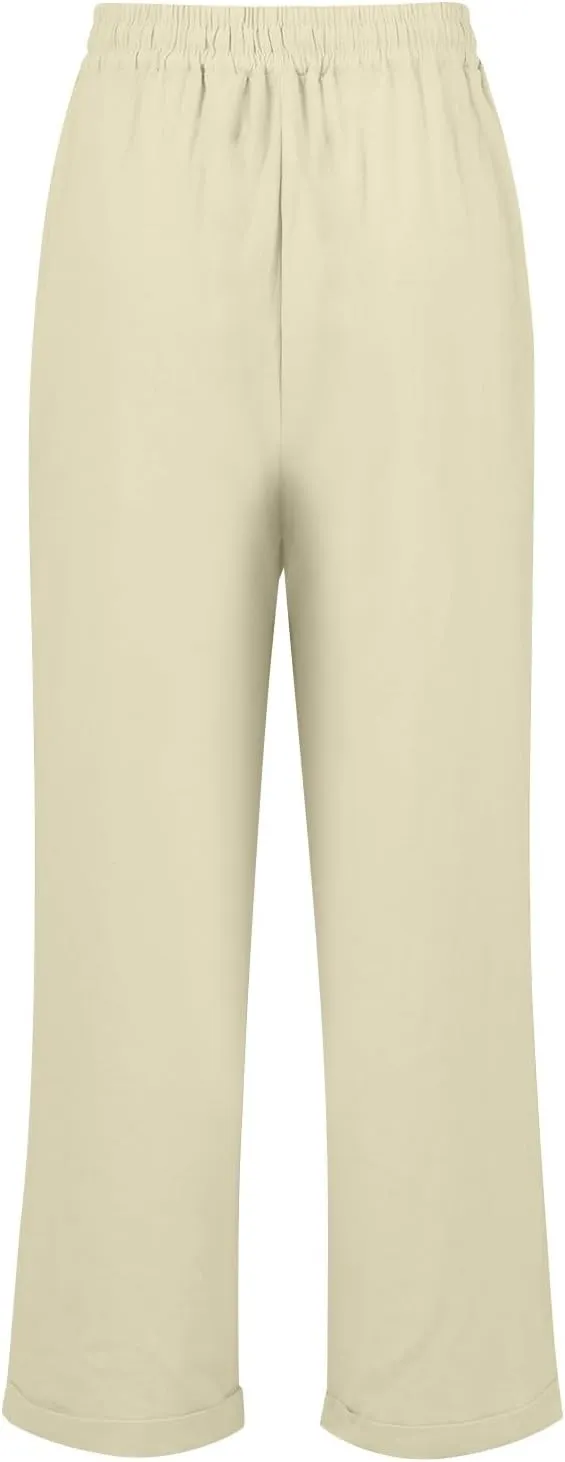 Cotton Linen Pants Women Summer Casual High Waisted Straight Leg Beach Pants Loose Fit Comfy Vacation Trousers w/Pockets