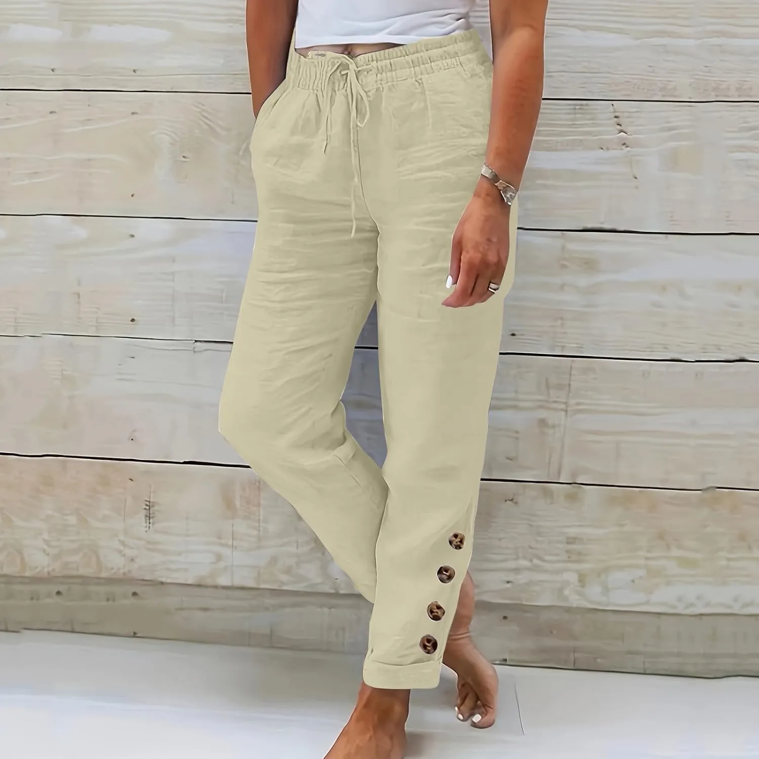 Cotton Linen Pants Women Summer Casual High Waisted Straight Leg Beach Pants Loose Fit Comfy Vacation Trousers w/Pockets