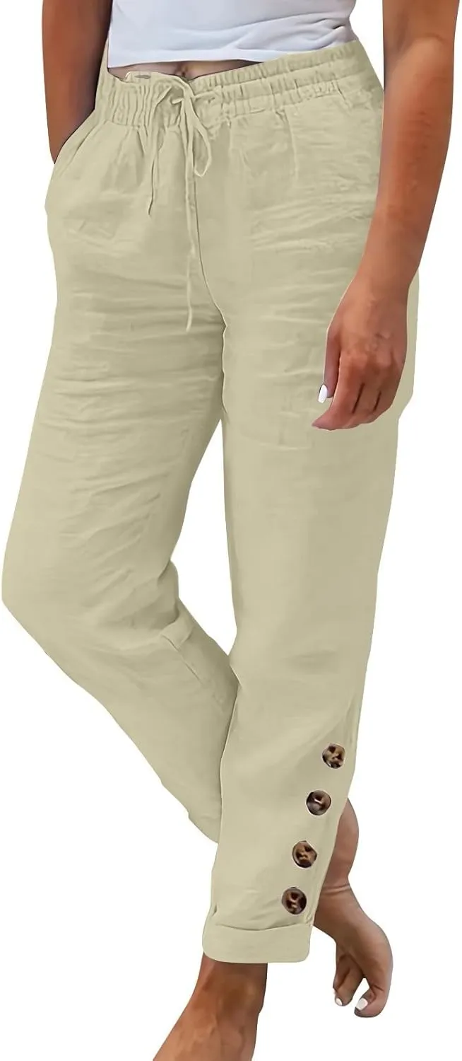Cotton Linen Pants Women Summer Casual High Waisted Straight Leg Beach Pants Loose Fit Comfy Vacation Trousers w/Pockets
