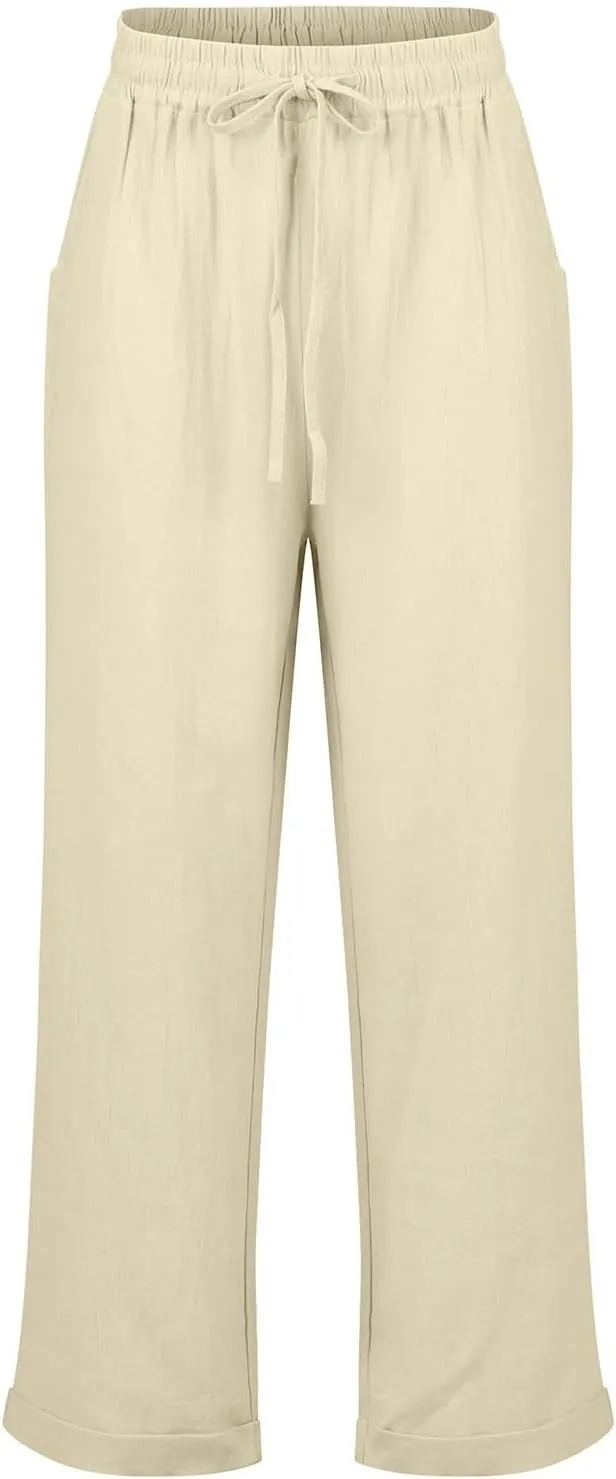 Cotton Linen Pants Women Summer Casual High Waisted Straight Leg Beach Pants Loose Fit Comfy Vacation Trousers w/Pockets
