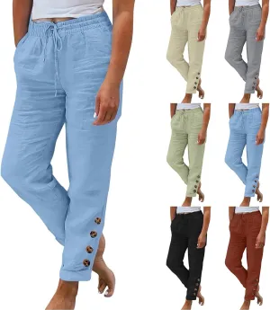Cotton Linen Pants Women Summer Casual High Waisted Straight Leg Beach Pants Loose Fit Comfy Vacation Trousers w/Pockets