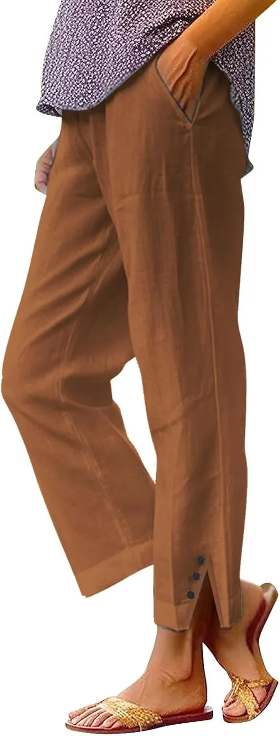 Cotton Linen Pants Women Summer Elastic Waist Straight Leg Plus Size Crop Pants Casual Beach Trousers with Pockets