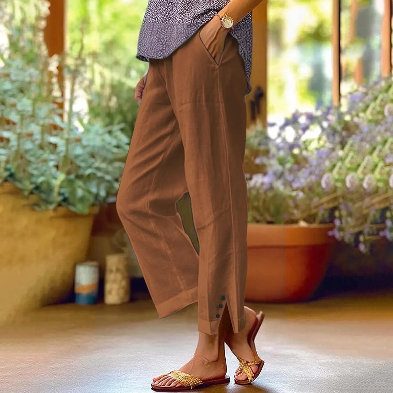 Cotton Linen Pants Women Summer Elastic Waist Straight Leg Plus Size Crop Pants Casual Beach Trousers with Pockets