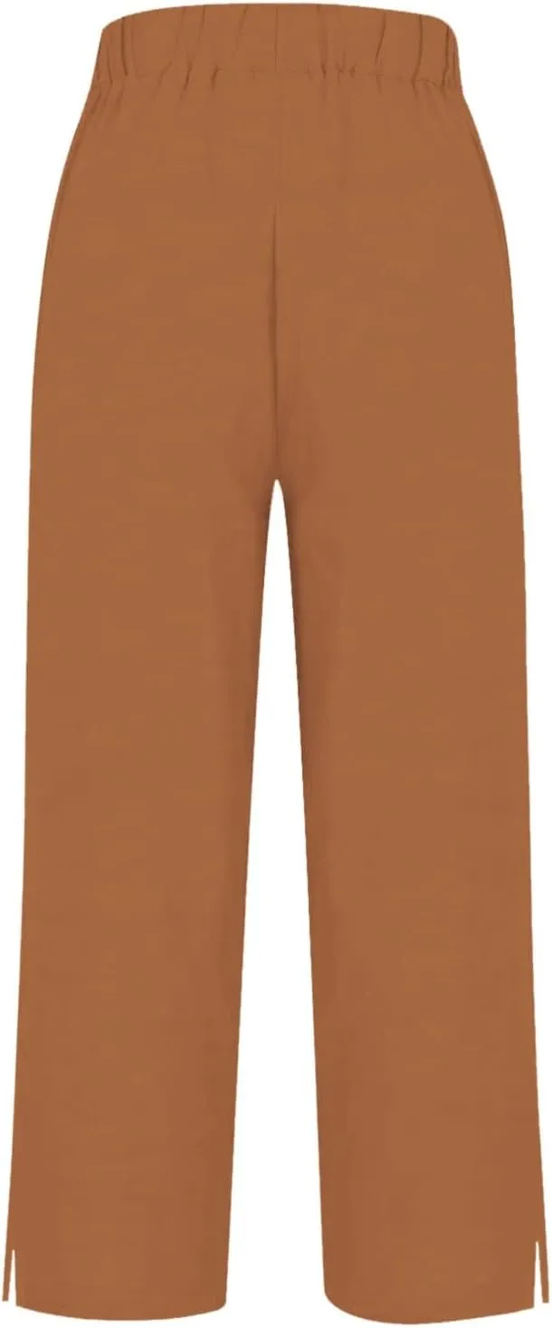 Cotton Linen Pants Women Summer Elastic Waist Straight Leg Plus Size Crop Pants Casual Beach Trousers with Pockets