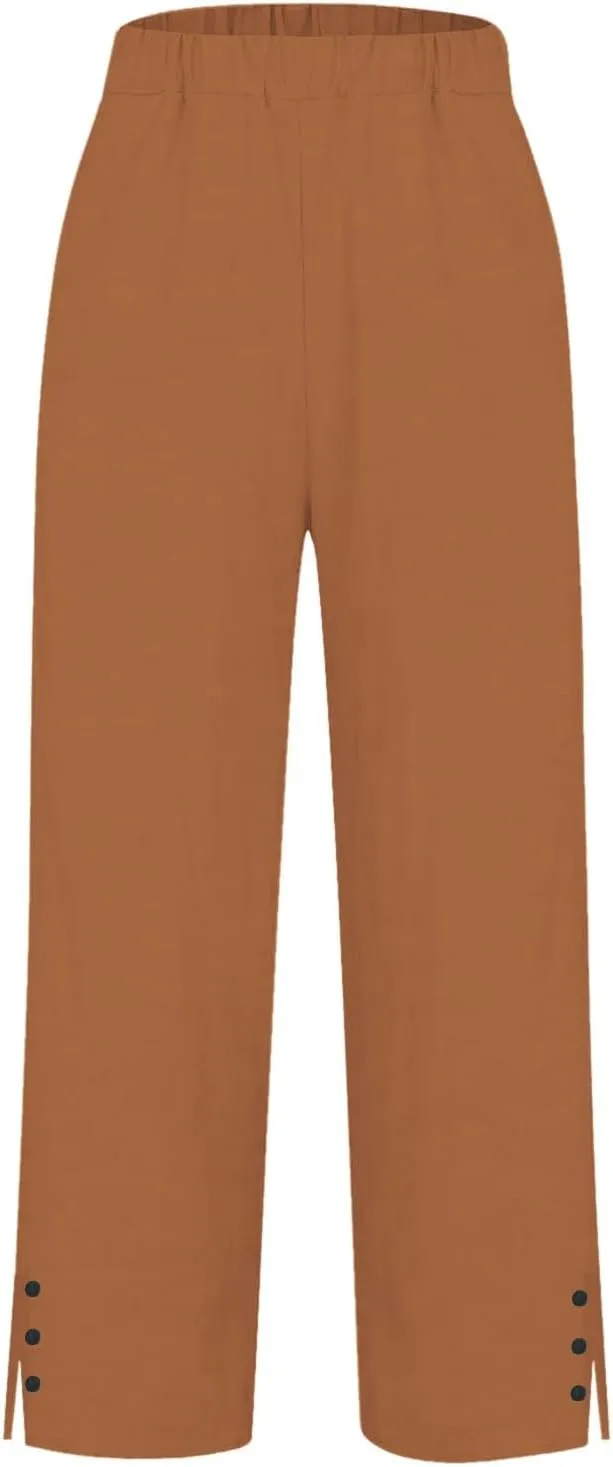 Cotton Linen Pants Women Summer Elastic Waist Straight Leg Plus Size Crop Pants Casual Beach Trousers with Pockets