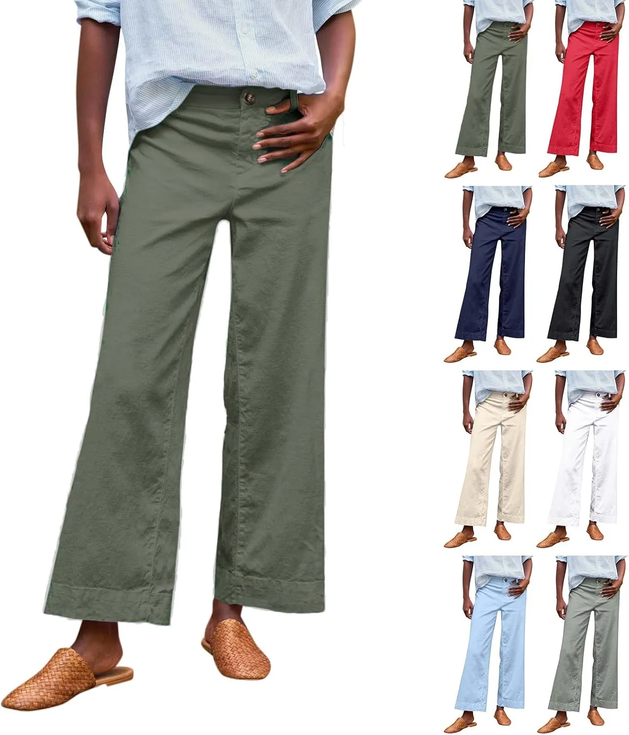 Cropped Linen Pants Women Summer Elastic High Waisted Dress Pants Business Casual Button Down Work Pants with Pockets