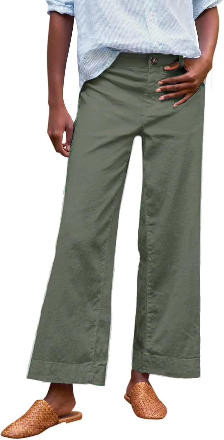 Cropped Linen Pants Women Summer Elastic High Waisted Dress Pants Business Casual Button Down Work Pants with Pockets