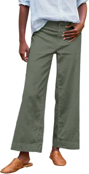 Cropped Linen Pants Women Summer Elastic High Waisted Dress Pants Business Casual Button Down Work Pants with Pockets