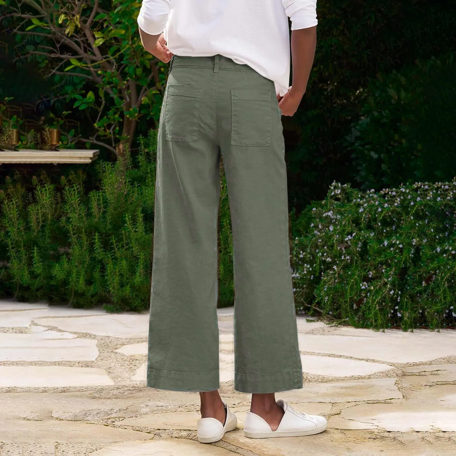 Cropped Linen Pants Women Summer Elastic High Waisted Dress Pants Business Casual Button Down Work Pants with Pockets