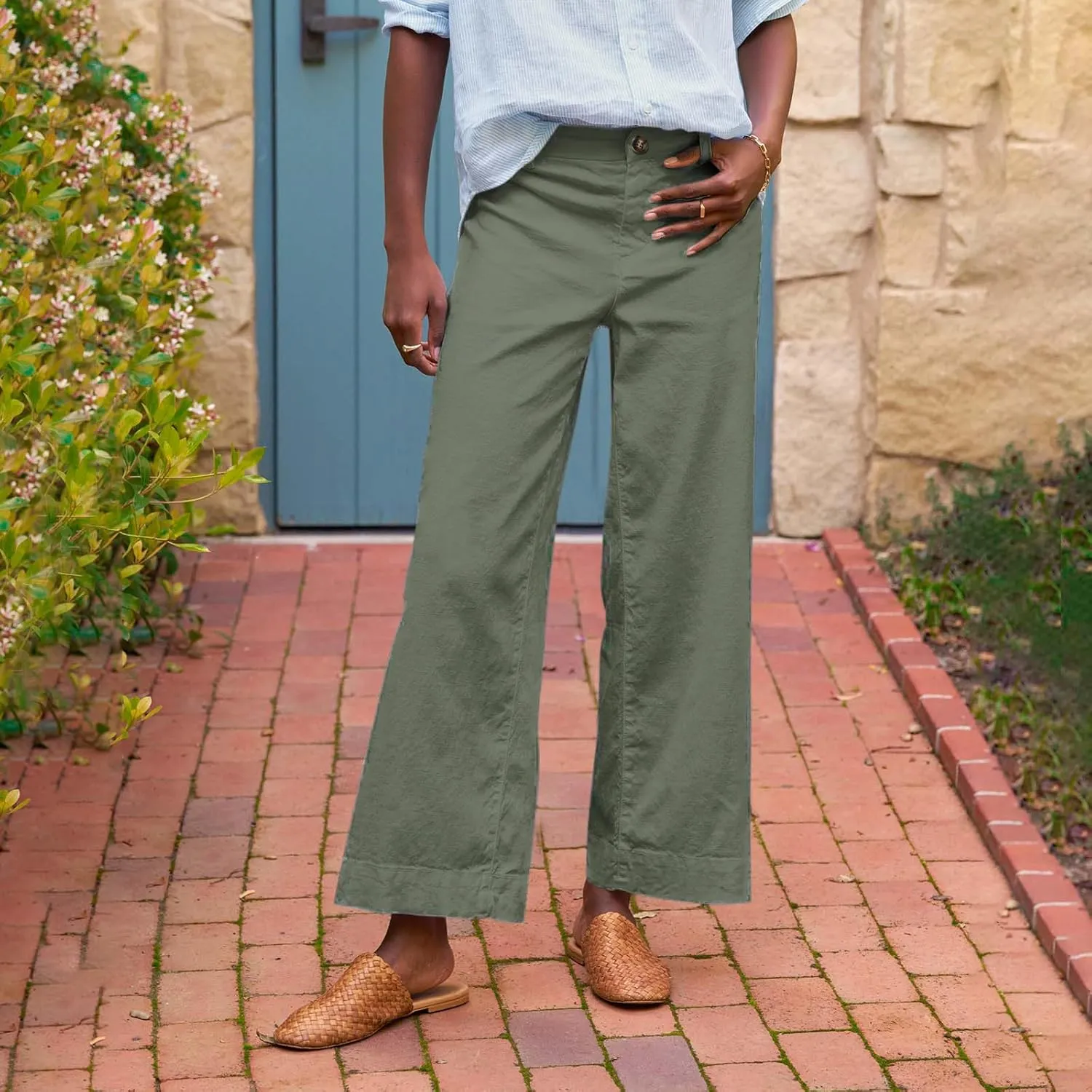 Cropped Linen Pants Women Summer Elastic High Waisted Dress Pants Business Casual Button Down Work Pants with Pockets