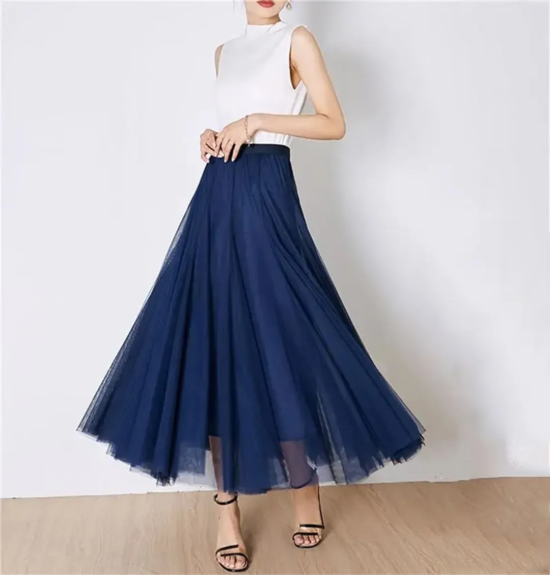 Dbdkejj Womentulle Pleated Skirts Solid Tierred Skirt Elastic High Waist Midi Skirt
